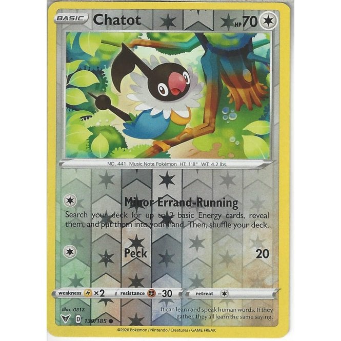 Pokemon Trading Card Game 139185 Chatot Reverse Holo Swsh 04 Vivid Voltage Trading Card 